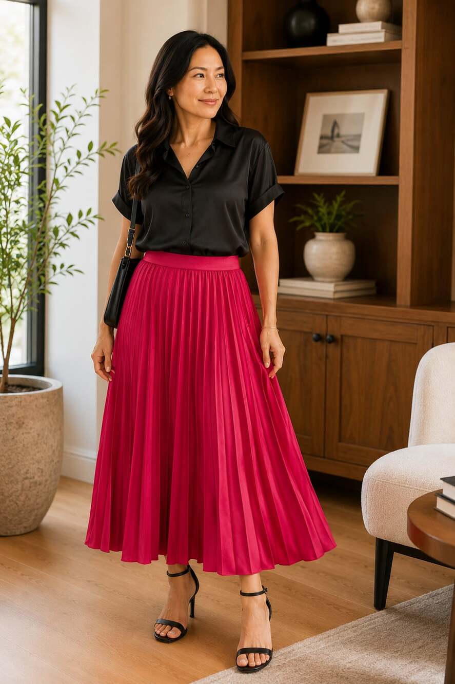 New, Bangkok Pleated Midi Skirt in Hot Pink